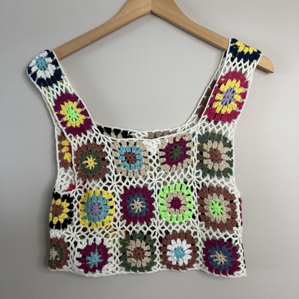 Crochet Cropped Tank Blouse Hippie Boho Style Size Small Granny Squares - Picture 8 of 8